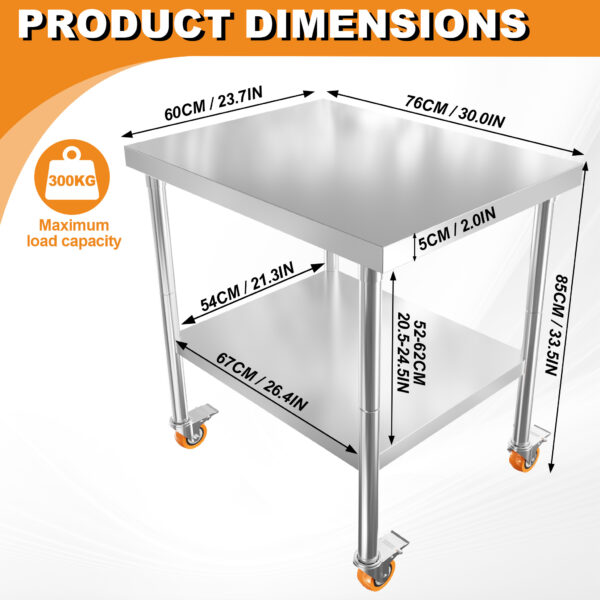 Table inox professionnelle - Plusieurs formats - Avec roulettes