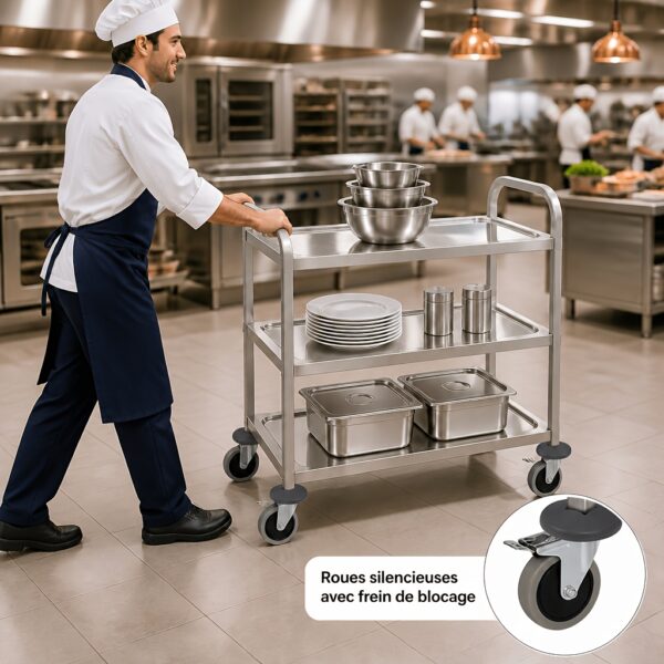 046b8c2a-5a85-433d-ae34-3f9ae3d3751e Desserte inox 3 niveaux sur roulettes 72 x 40 x 82 cm