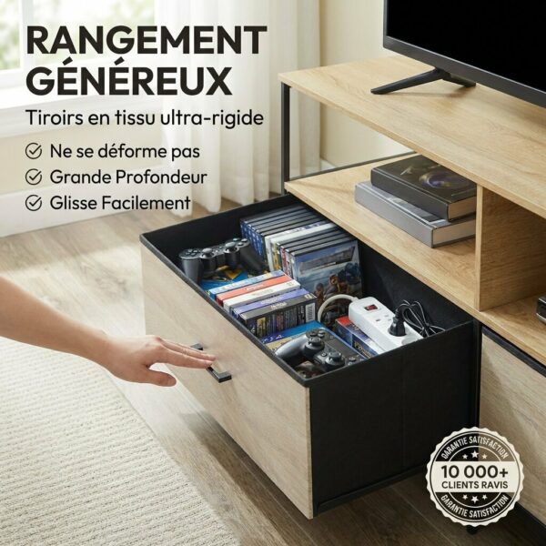 Meuble TV métal et bois avec tiroirs tissu - 2 formats