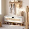 Banc coffre à chaussures en rotin blanc 100 cm avec coussin