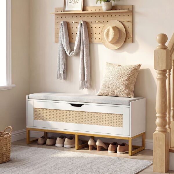 Banc coffre à chaussures en rotin blanc 100 cm avec coussin