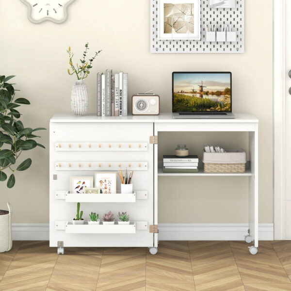 Table de couture pliante compacte blanche avec rangements - 116 cm