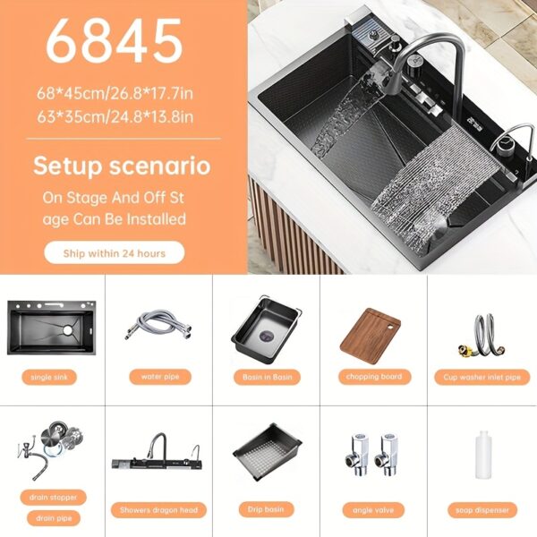 Évier inox noir multifonction avec robinet et accessoires