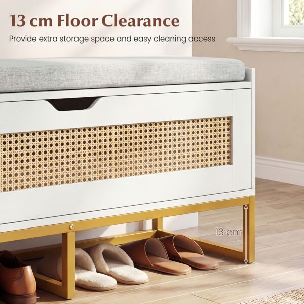 Banc coffre à chaussures en rotin blanc 100 cm avec coussin