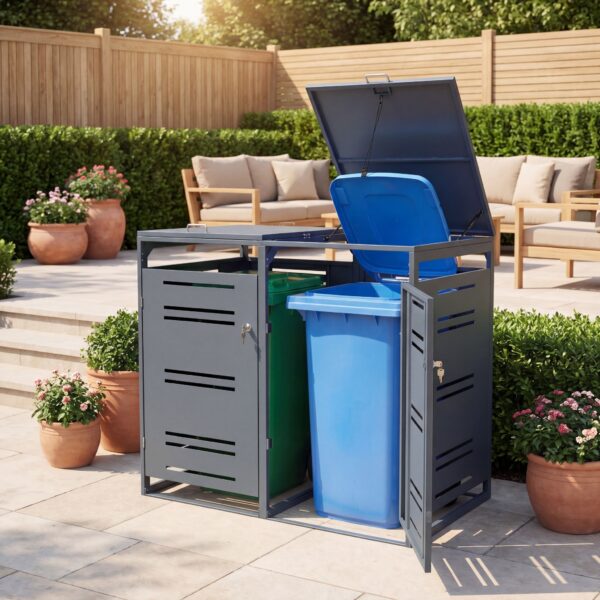 Cache-poubelles double en métal avec vérins à gaz 132 × 80 × 117 cm