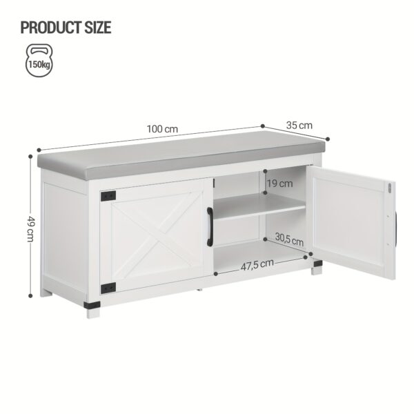 Banc à chaussures blanc 100 cm avec assise rembourrée - 8 paires
