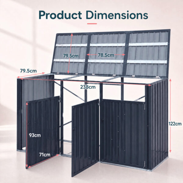 Cache-poubelles triple en acier galvanisé 238 × 79,5 × 122 cm