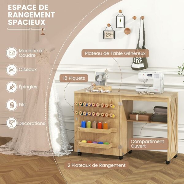 Table de couture pliante sur roulettes avec rangements - 146 × 50 cm