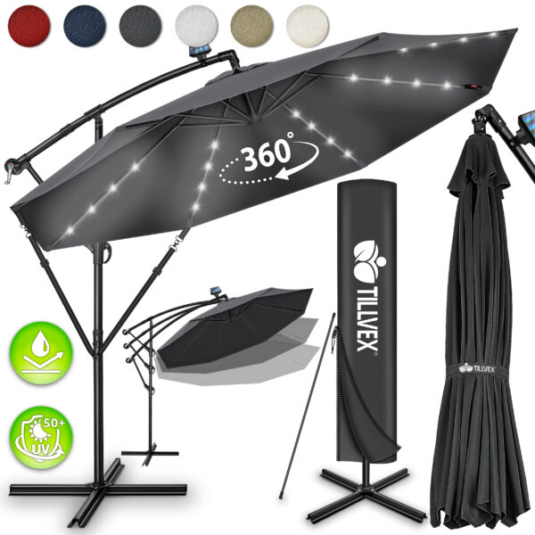 Parasol déporté solaire LED Tillvex, 300 ou 350 cm