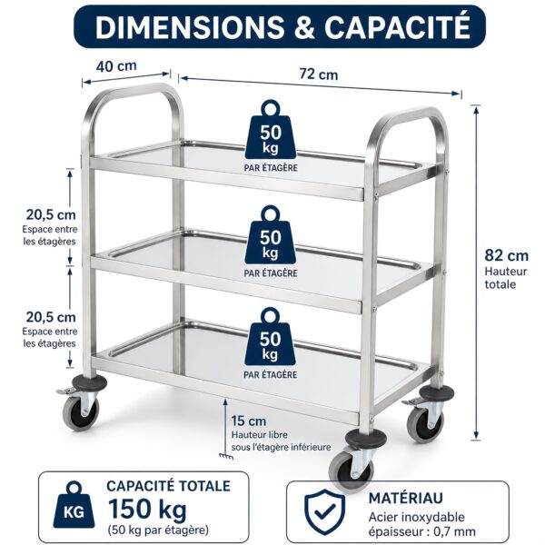 82b1412c-e8a9-467d-b087-0e0c838cb65e Desserte inox 3 niveaux sur roulettes 72 x 40 x 82 cm
