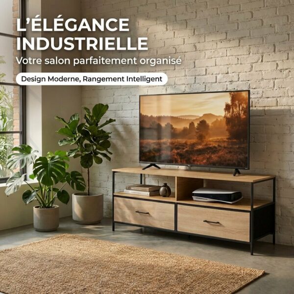 Meuble TV métal et bois avec tiroirs tissu - 2 formats