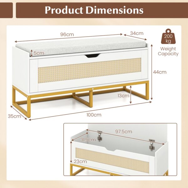 Banc coffre à chaussures en rotin blanc 100 cm avec coussin
