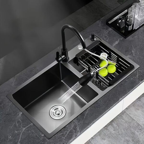 Évier inox noir 2 bacs 72 × 40 cm avec robinet et accessoires