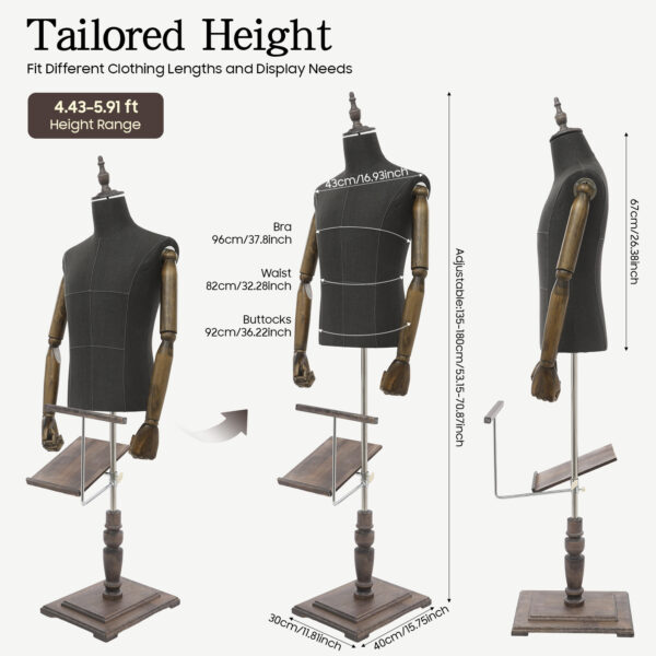 Mannequin de couture homme réglable avec bras et supports - 135 à 180 cm
