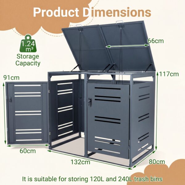 Cache-poubelles double en métal avec vérins à gaz 132 × 80 × 117 cm