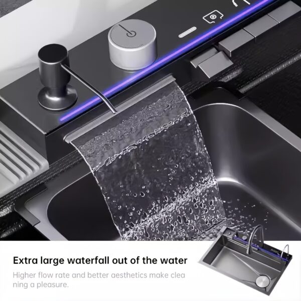 Évier inox noir multifonction avec robinet et accessoires