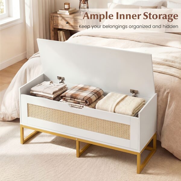 Banc coffre à chaussures en rotin blanc 100 cm avec coussin