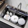 Évier inox noir multifonction avec robinet et accessoires
