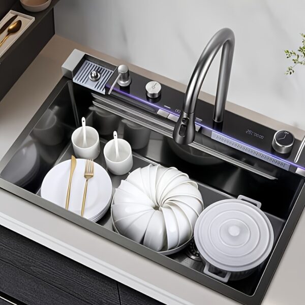 Évier inox noir multifonction avec robinet et accessoires