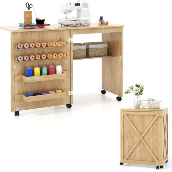Table de couture pliante sur roulettes avec rangements - 146 × 50 cm