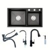 Évier inox noir 2 bacs 72 × 40 cm avec robinet et accessoires
