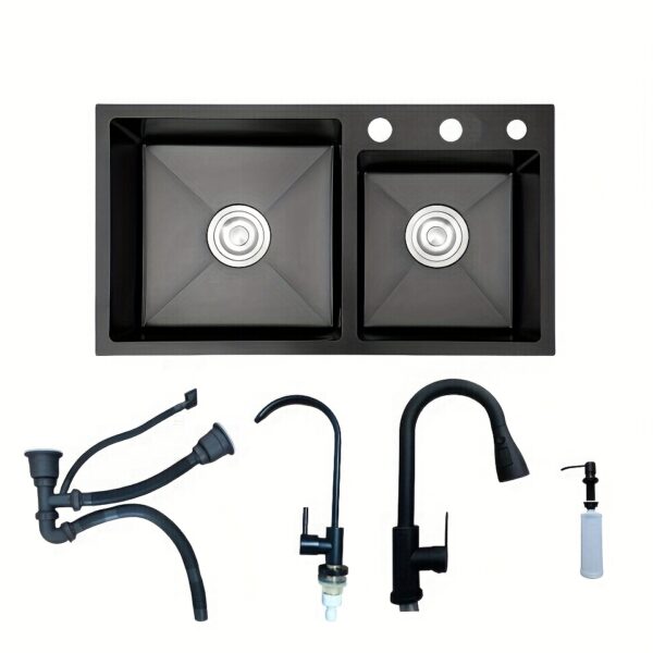 Évier inox noir 2 bacs 72 × 40 cm avec robinet et accessoires