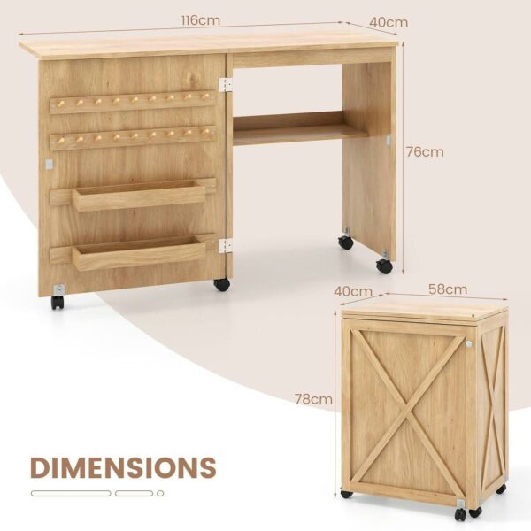 Table de couture pliante sur roulettes avec rangements - 146 × 50 cm