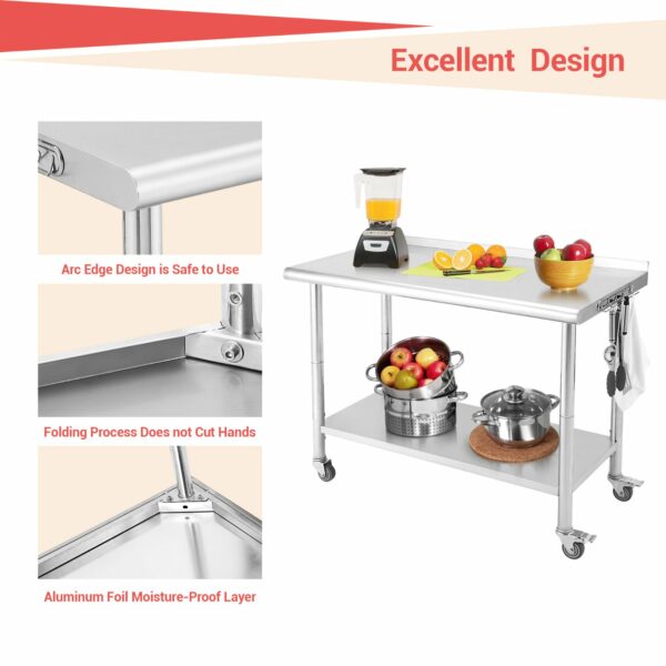 Table inox sur roulettes avec dosseret 91 x 61 x 89 cm