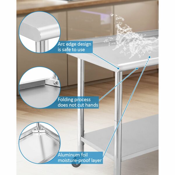 Table inox sur roulettes avec dosseret 91 x 61 x 89 cm